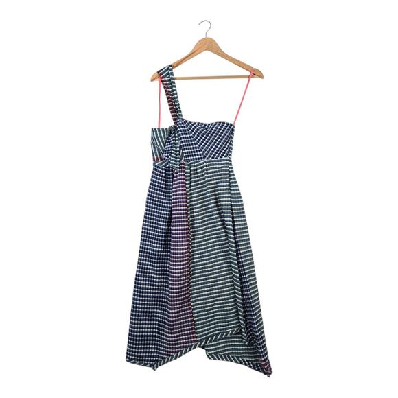 Anthro Maeve Waverly Midi Plaid One Shoulder Dress sz 2 Blue Multi Hanky Hem - Picture 1 of 15